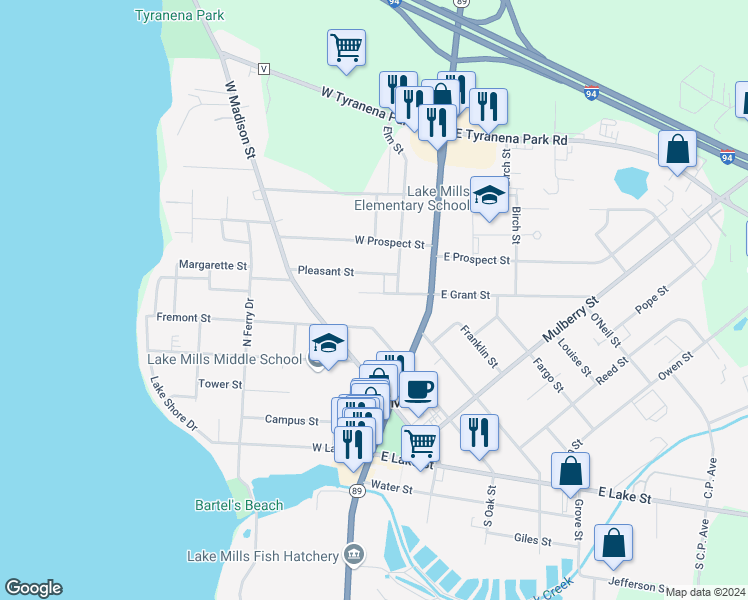 map of restaurants, bars, coffee shops, grocery stores, and more near 218 West Grant Street in Lake Mills