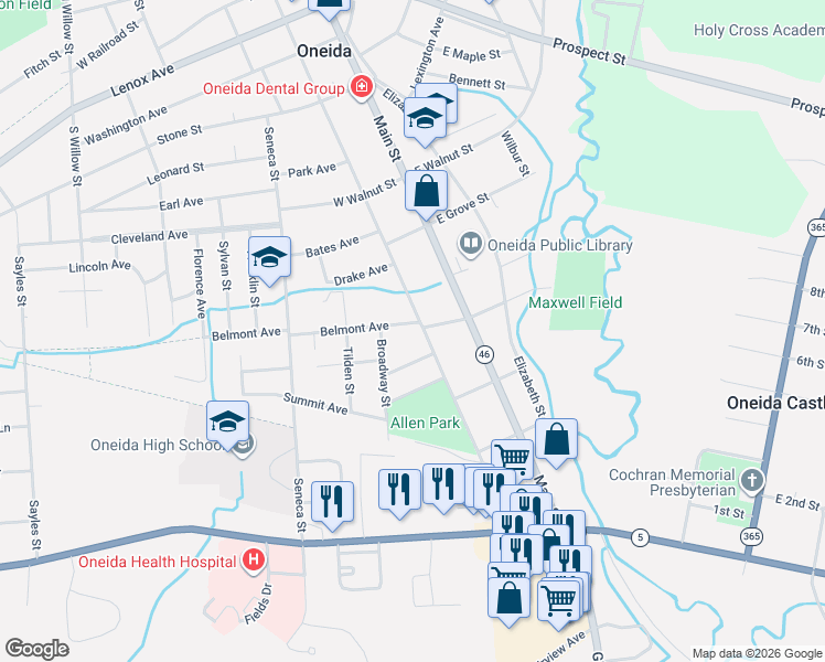 map of restaurants, bars, coffee shops, grocery stores, and more near 506 Broad Street in Oneida