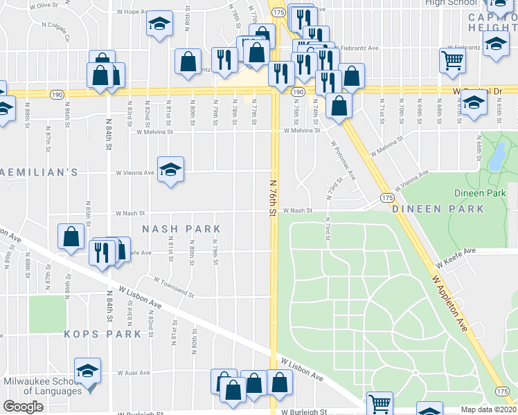 map of restaurants, bars, coffee shops, grocery stores, and more near 3702 North 77th Street in Milwaukee