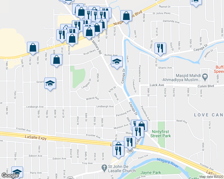 map of restaurants, bars, coffee shops, grocery stores, and more near 1021 87th Street in Niagara Falls