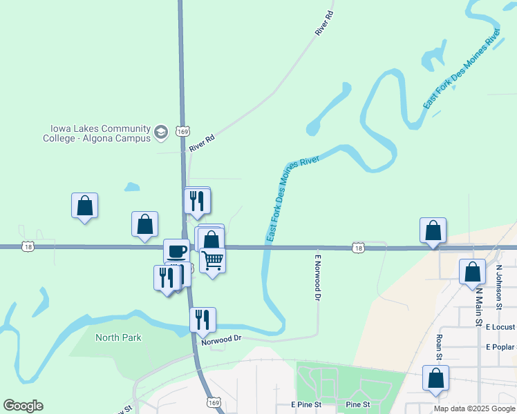 map of restaurants, bars, coffee shops, grocery stores, and more near in Algona