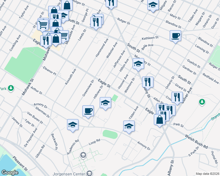 map of restaurants, bars, coffee shops, grocery stores, and more near 1203 Hilton Avenue in Utica