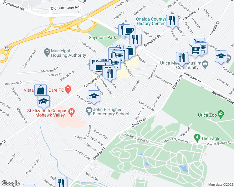 map of restaurants, bars, coffee shops, grocery stores, and more near 42 Auburn Avenue in Utica