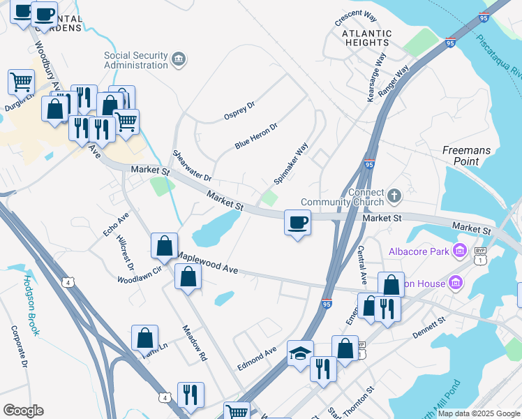 map of restaurants, bars, coffee shops, grocery stores, and more near 1001 Market Street in Portsmouth