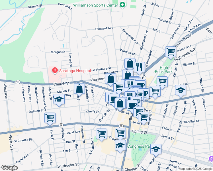 map of restaurants, bars, coffee shops, grocery stores, and more near 61 Lawrence Street in Saratoga Springs