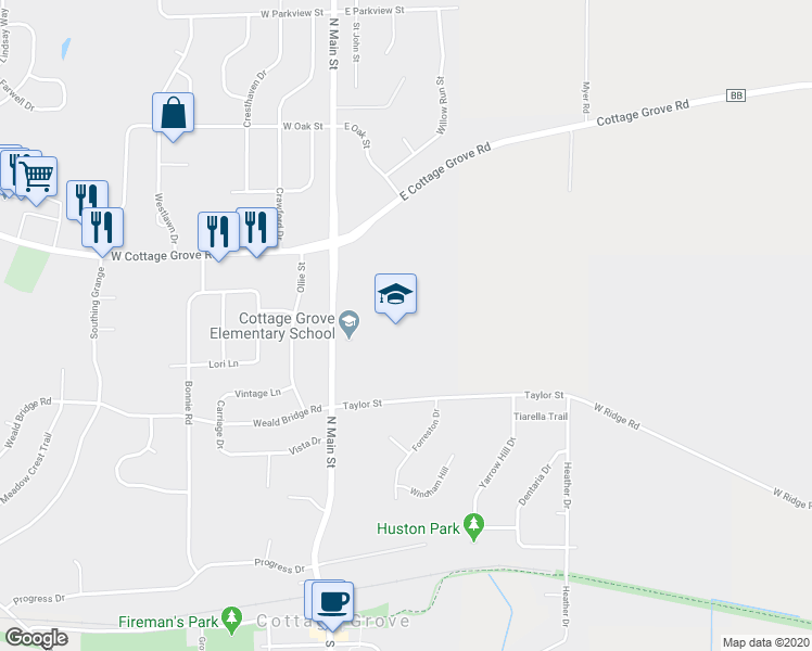 map of restaurants, bars, coffee shops, grocery stores, and more near 470 North Main Street in Cottage Grove
