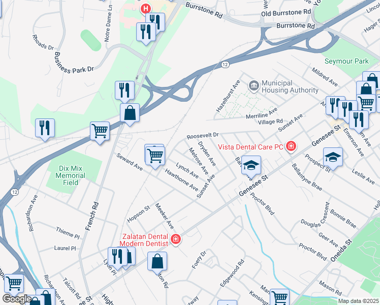 map of restaurants, bars, coffee shops, grocery stores, and more near 155 Melrose Ave in Utica