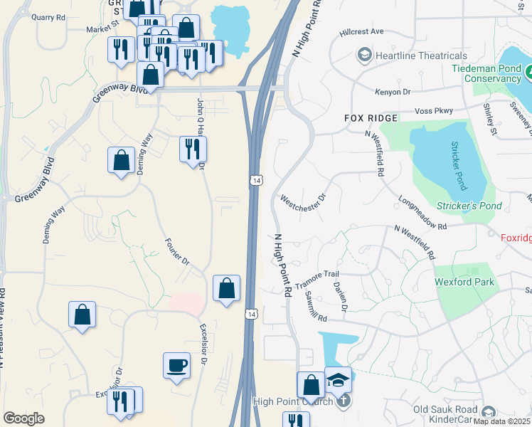 map of restaurants, bars, coffee shops, grocery stores, and more near 1209 North High Point Road in Middleton