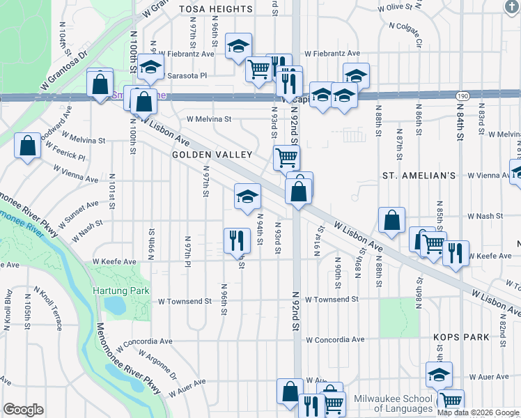 map of restaurants, bars, coffee shops, grocery stores, and more near 3707 North 94th Street in Milwaukee