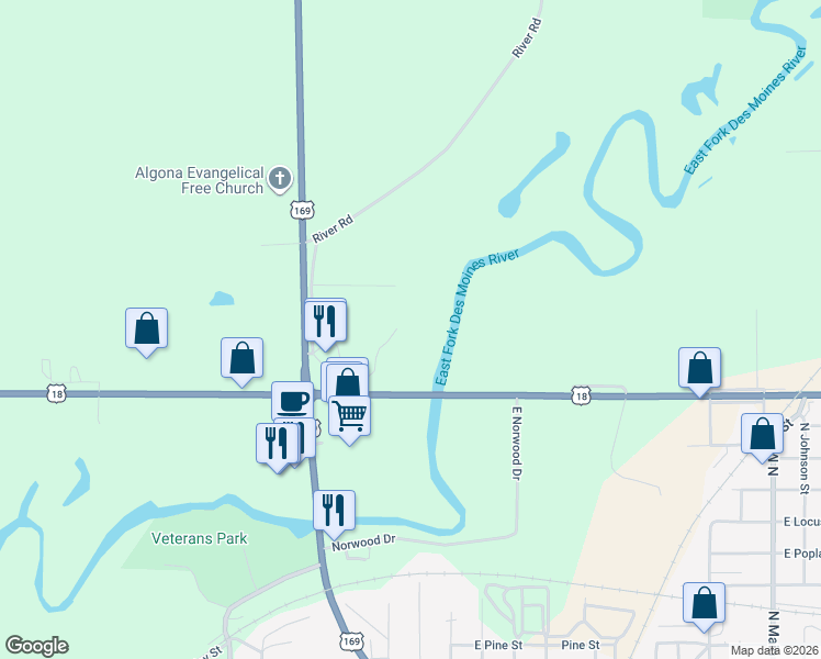 map of restaurants, bars, coffee shops, grocery stores, and more near in Algona