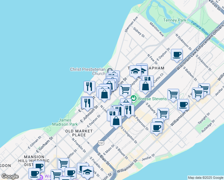 map of restaurants, bars, coffee shops, grocery stores, and more near 904 East Johnson Street in Madison