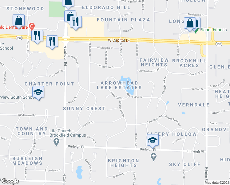 map of restaurants, bars, coffee shops, grocery stores, and more near 16680 Mary Cliff Lane in Brookfield