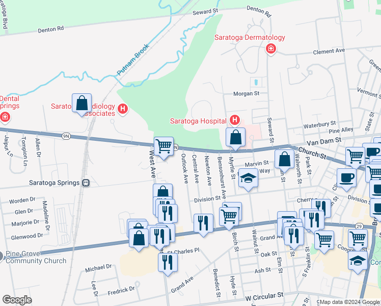 map of restaurants, bars, coffee shops, grocery stores, and more near 300 Church Street in Saratoga Springs