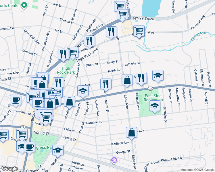 map of restaurants, bars, coffee shops, grocery stores, and more near 107 Middle Avenue in Saratoga Springs