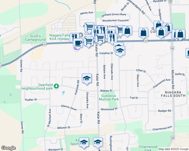 map of restaurants, bars, coffee shops, grocery stores, and more near 6118 Kelsey Crescent in Niagara Falls
