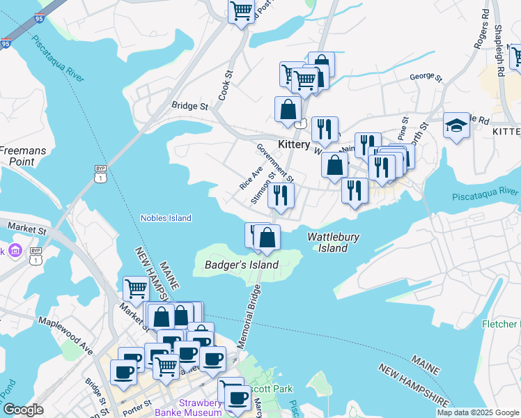 map of restaurants, bars, coffee shops, grocery stores, and more near 8 Water Street in Kittery