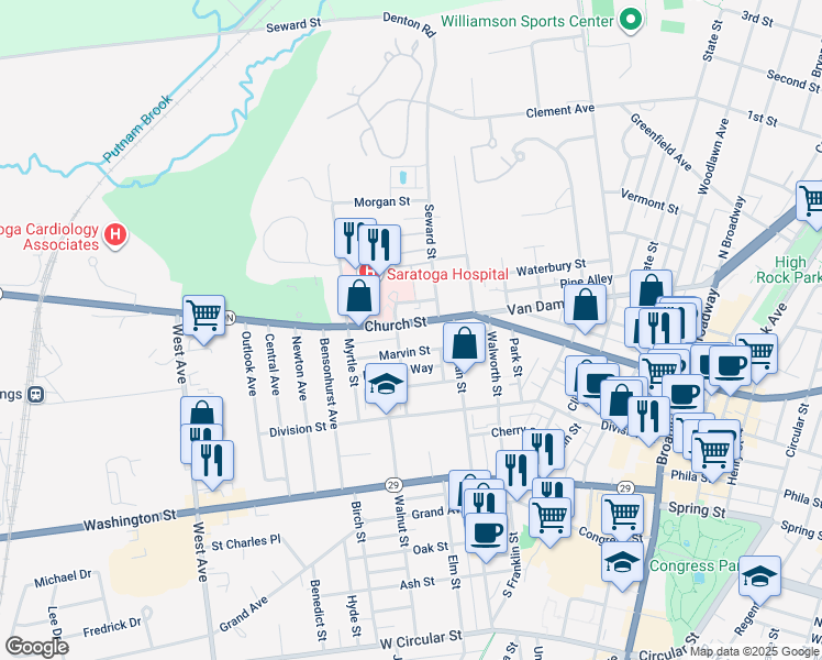map of restaurants, bars, coffee shops, grocery stores, and more near 212 Church Street in Saratoga Springs