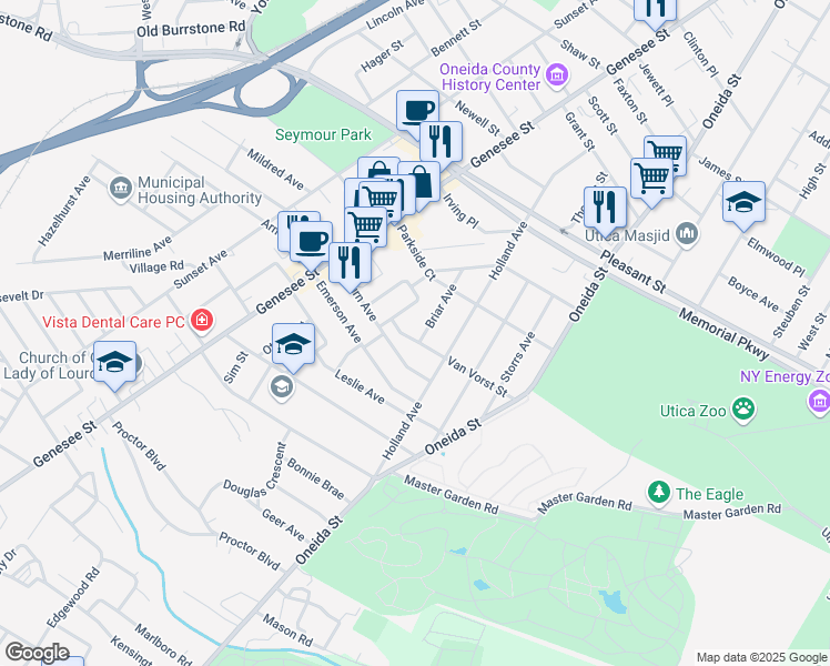 map of restaurants, bars, coffee shops, grocery stores, and more near 13 Van Vorst St in Utica