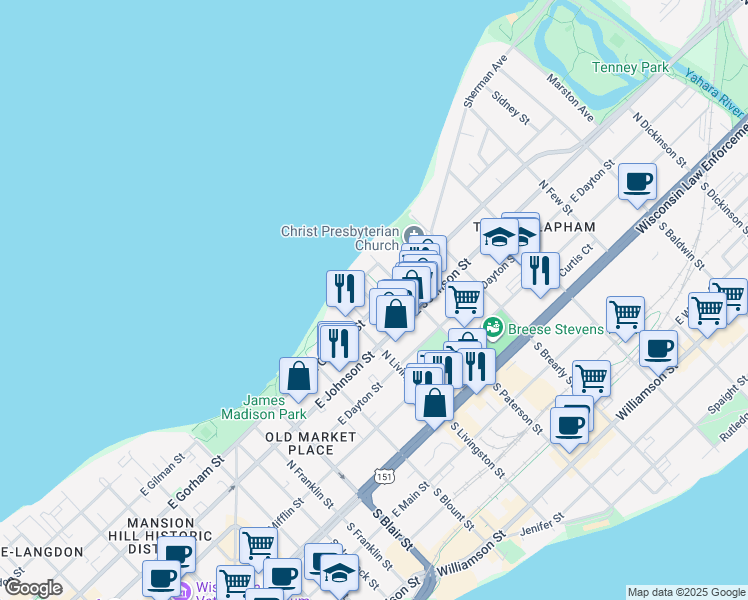 map of restaurants, bars, coffee shops, grocery stores, and more near 403 Washburn Place in Madison