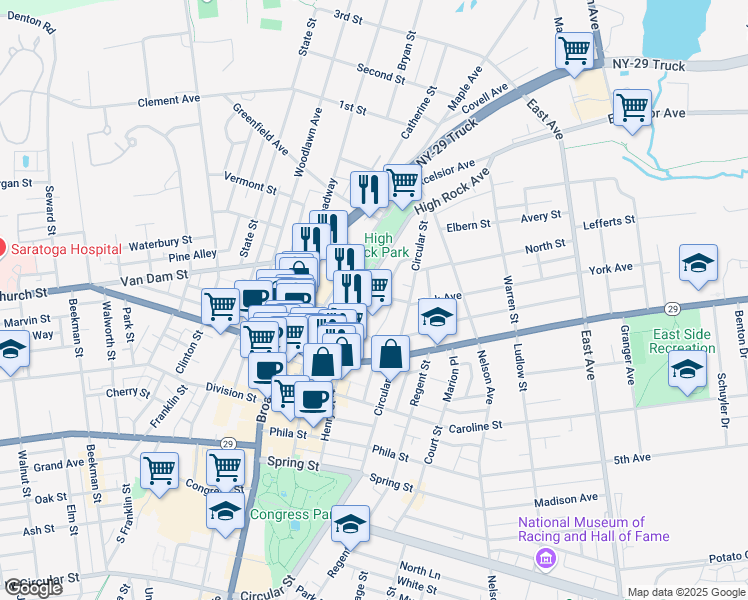 map of restaurants, bars, coffee shops, grocery stores, and more near 143 Henry Street in Saratoga Springs