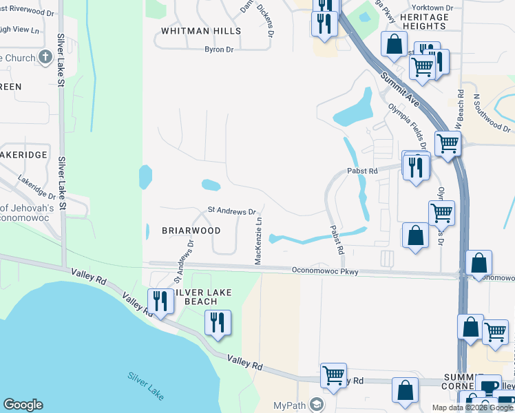 map of restaurants, bars, coffee shops, grocery stores, and more near 870 Saint Andrews Drive in Oconomowoc