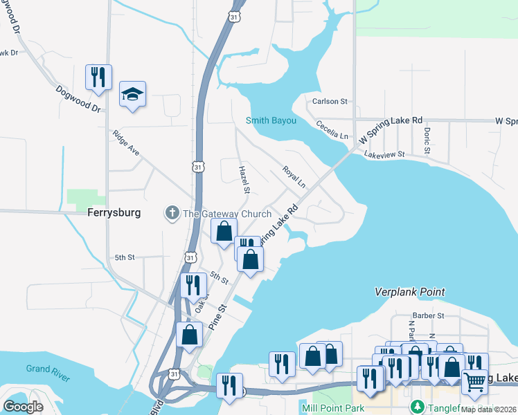 map of restaurants, bars, coffee shops, grocery stores, and more near 17533 Beechwood Lane in Spring Lake