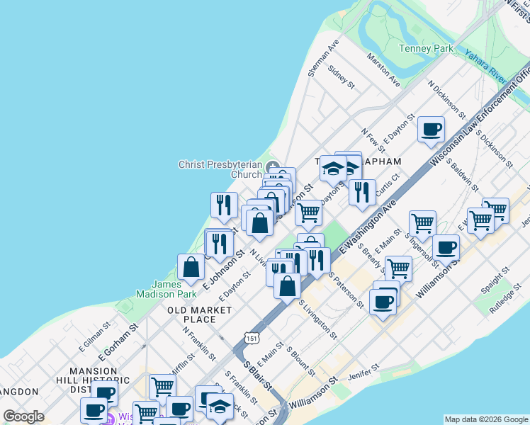 map of restaurants, bars, coffee shops, grocery stores, and more near 314 North Paterson Street in Madison