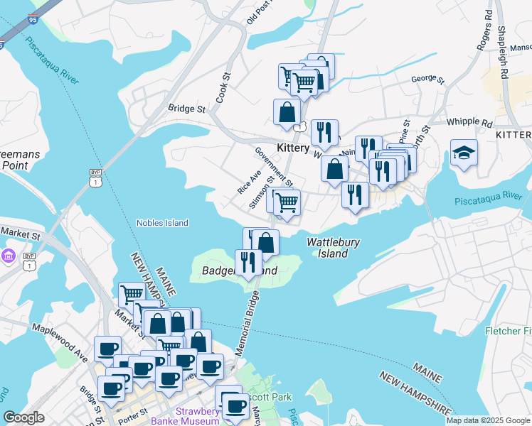 map of restaurants, bars, coffee shops, grocery stores, and more near 8 Water Street in Kittery