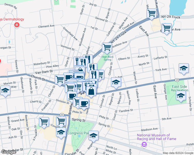 map of restaurants, bars, coffee shops, grocery stores, and more near 1 York Street in Saratoga Springs