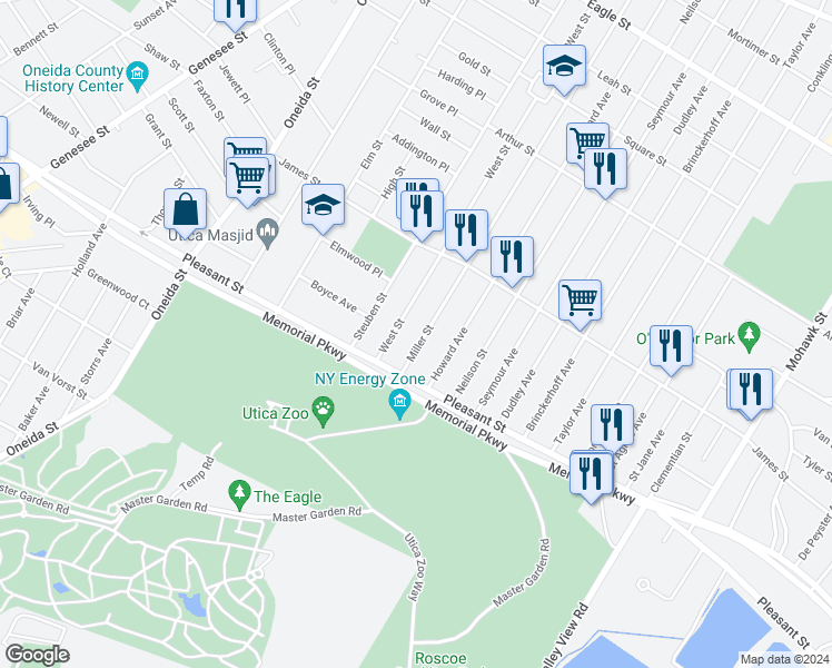 map of restaurants, bars, coffee shops, grocery stores, and more near 1656 Miller Street in Utica