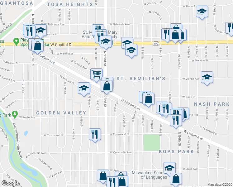 map of restaurants, bars, coffee shops, grocery stores, and more near 9106 West Lisbon Avenue in Milwaukee