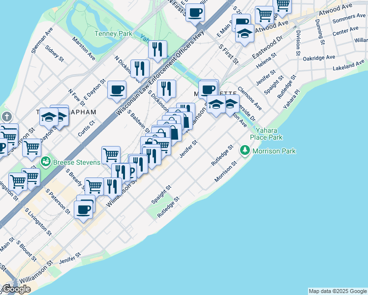 map of restaurants, bars, coffee shops, grocery stores, and more near 1316 Jenifer Street in Madison