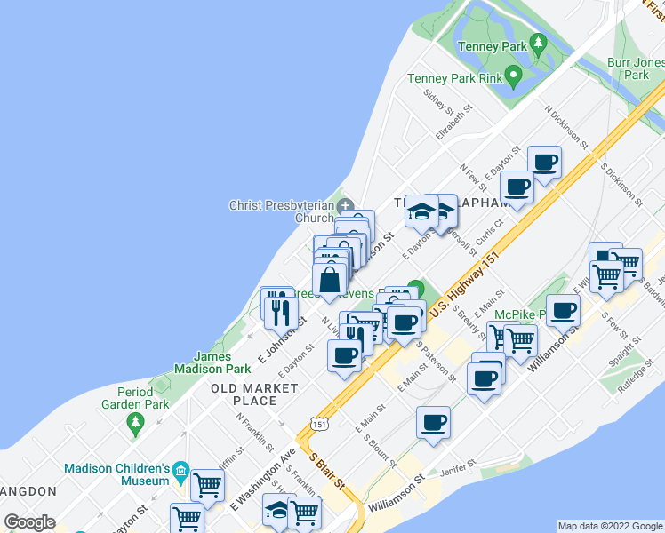 map of restaurants, bars, coffee shops, grocery stores, and more near 837 East Gorham Street in Madison