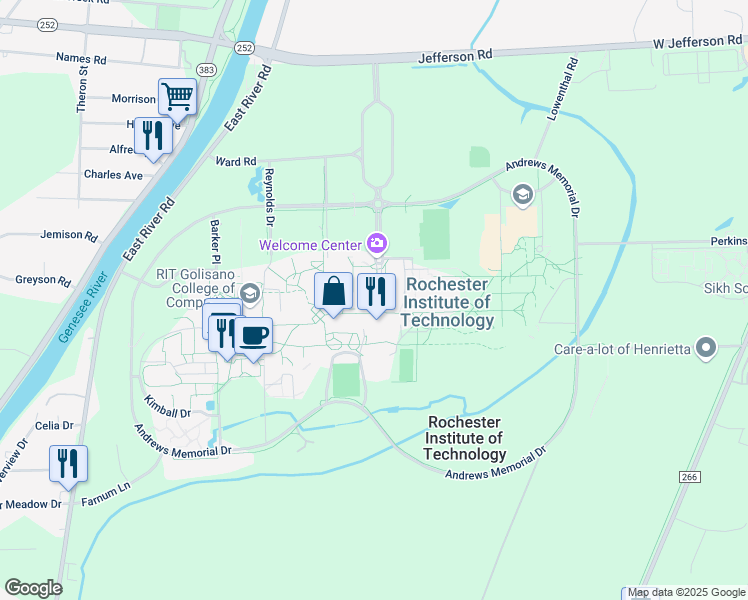 map of restaurants, bars, coffee shops, grocery stores, and more near 124 Lomb Memorial Drive in Rochester