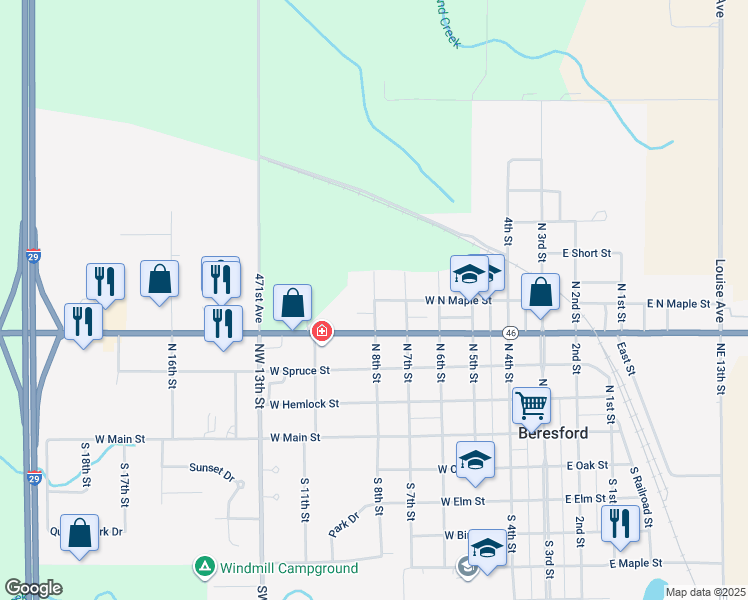 map of restaurants, bars, coffee shops, grocery stores, and more near 401 North 8th Street in Beresford