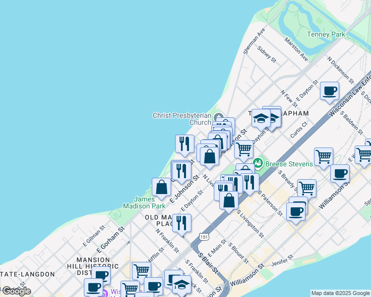 map of restaurants, bars, coffee shops, grocery stores, and more near 811 Prospect Place in Madison