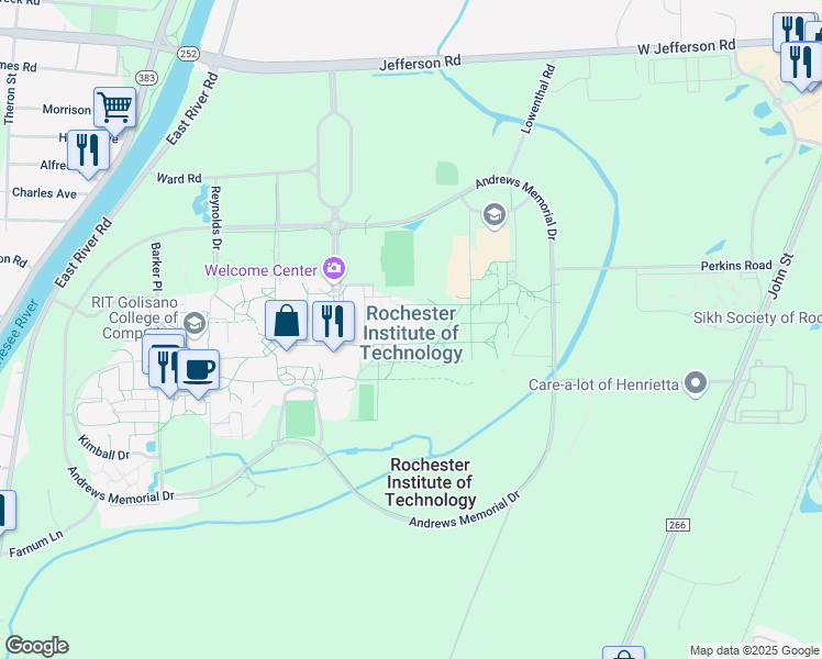 map of restaurants, bars, coffee shops, grocery stores, and more near 1 Lomb Memorial Drive in Rochester