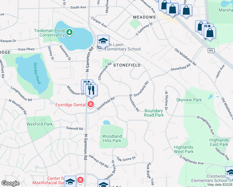 map of restaurants, bars, coffee shops, grocery stores, and more near 6418 Stonefield Road in Middleton