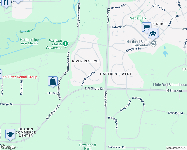 map of restaurants, bars, coffee shops, grocery stores, and more near 1018 Woods Drive in Hartland