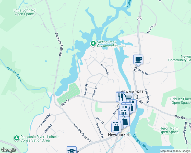 map of restaurants, bars, coffee shops, grocery stores, and more near 23 Cedar Street in Newmarket