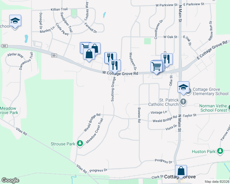 map of restaurants, bars, coffee shops, grocery stores, and more near 400 Tyanna Court in Cottage Grove