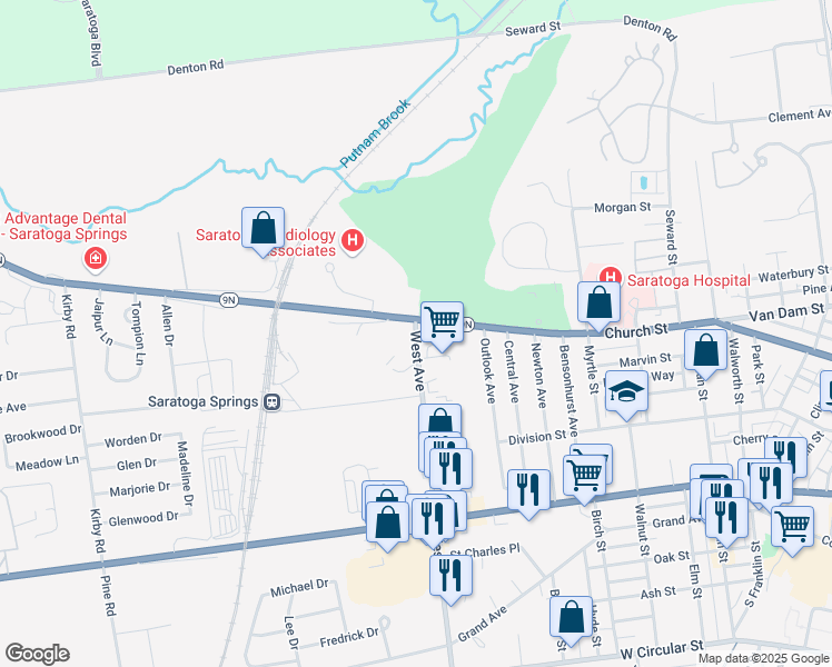 map of restaurants, bars, coffee shops, grocery stores, and more near 2 West Avenue in Saratoga Springs