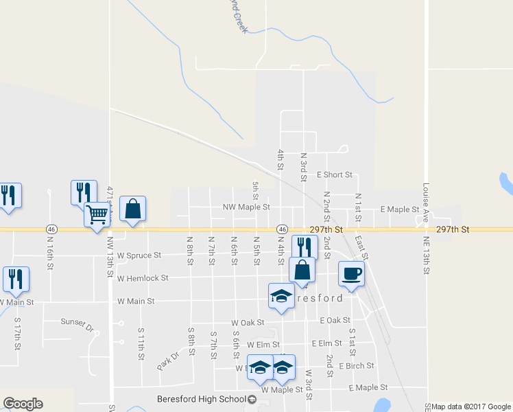 map of restaurants, bars, coffee shops, grocery stores, and more near 500 5th Street in Beresford
