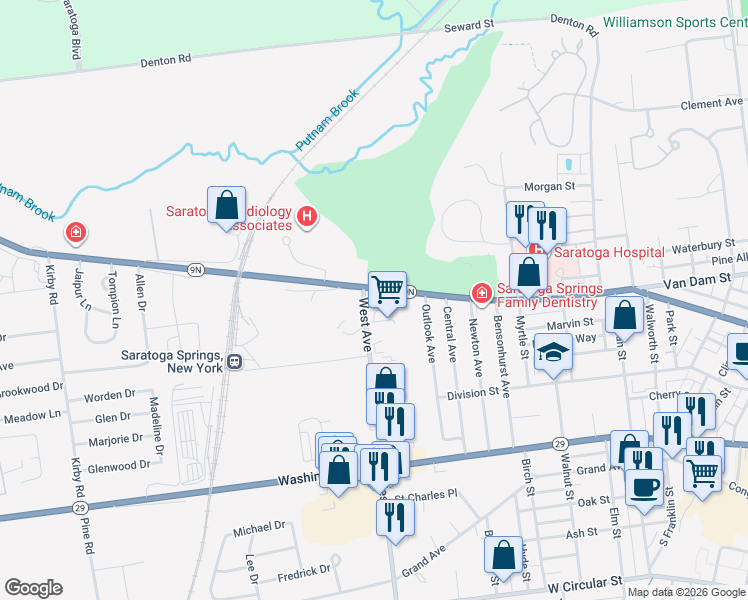 map of restaurants, bars, coffee shops, grocery stores, and more near 2 West Avenue in Saratoga Springs