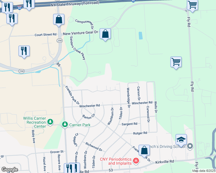 map of restaurants, bars, coffee shops, grocery stores, and more near 407 Deerfield Road in East Syracuse