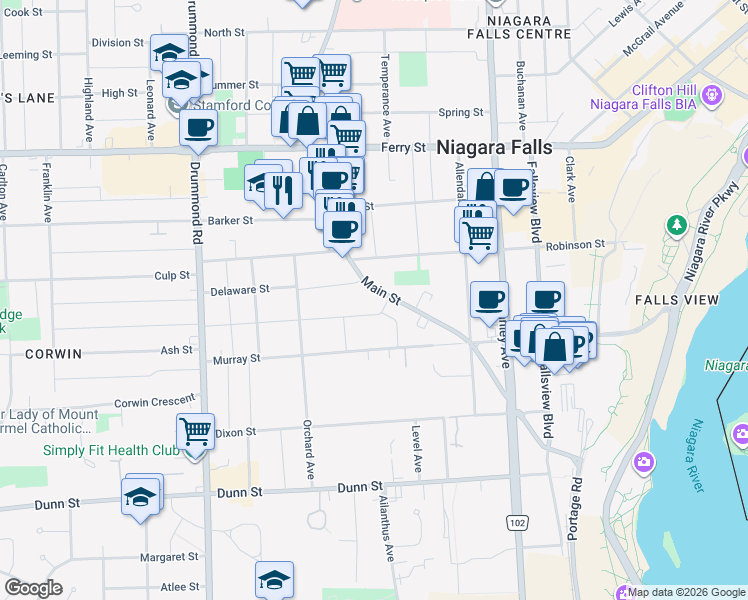 map of restaurants, bars, coffee shops, grocery stores, and more near 6169 Main Street in Niagara Falls