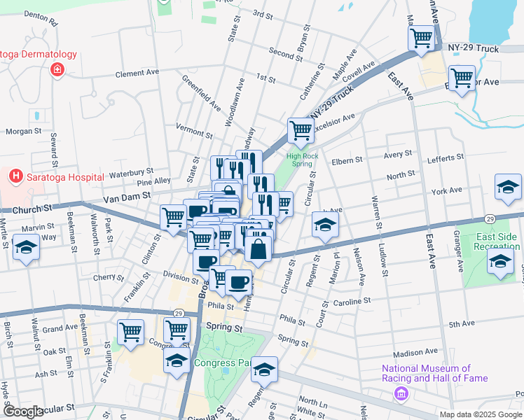 map of restaurants, bars, coffee shops, grocery stores, and more near 1 York Street in Saratoga Springs