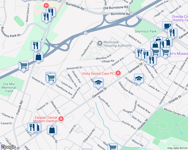 map of restaurants, bars, coffee shops, grocery stores, and more near 2230 Sunset Avenue in Utica