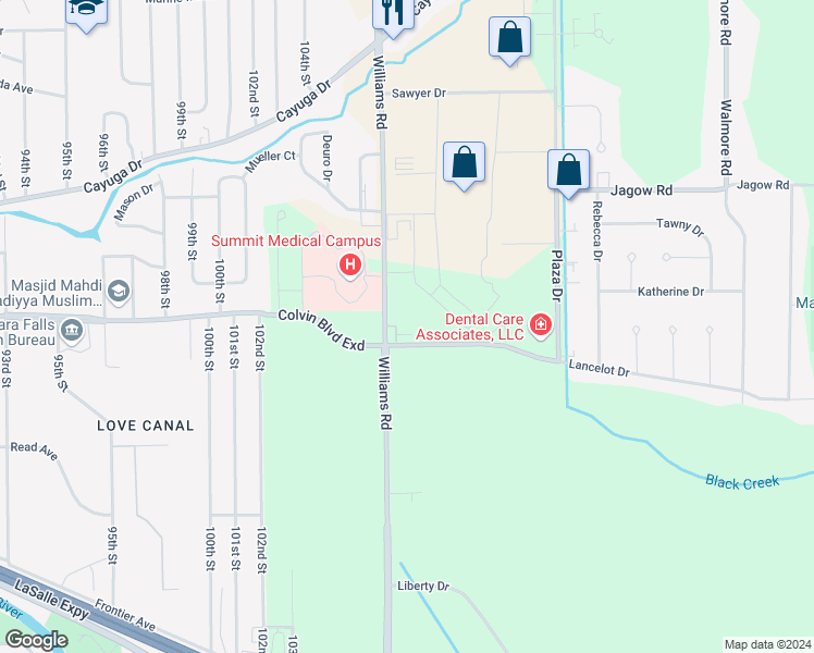 map of restaurants, bars, coffee shops, grocery stores, and more near 6951 Williams Road in Niagara Falls