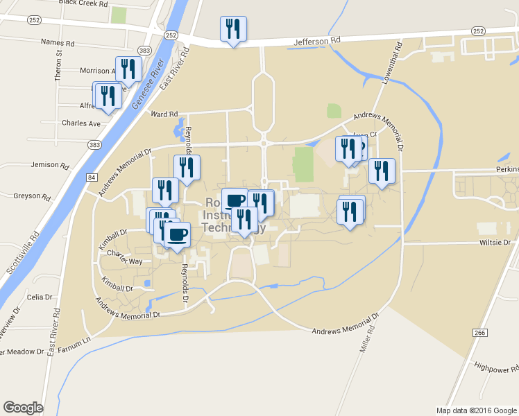 map of restaurants, bars, coffee shops, grocery stores, and more near 124 Lomb Memorial Drive in Rochester